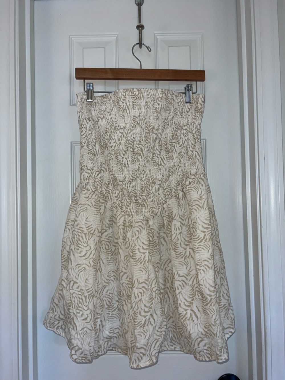 Universal Thread Cream and Tan Strapless Smocked Mini Dress with Leaf Jacquard